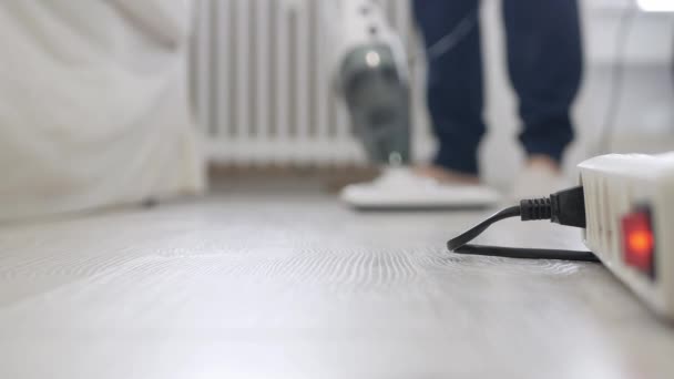 Man Using Vacuum Cleaner Household Activities Cleaning Floor Dust Dirt — Stock Video