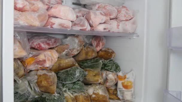 Морозильник Полный Замороженных Пакетов Едой Запасы Замороженного Мяса Порции Полках — стоковое видео