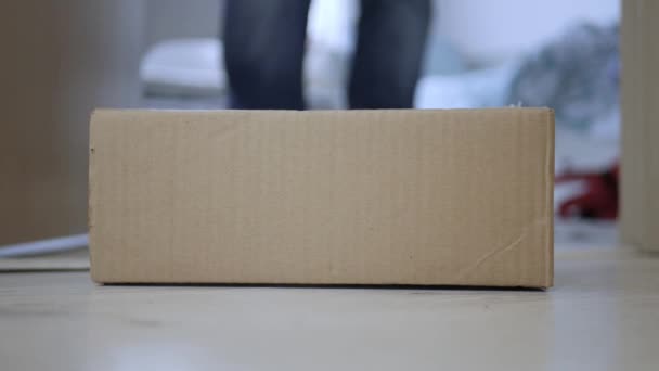 郵便配達人によって配達されるドアの前から郵便物を取る人 郵便サービス付きパッケージ — ストック動画