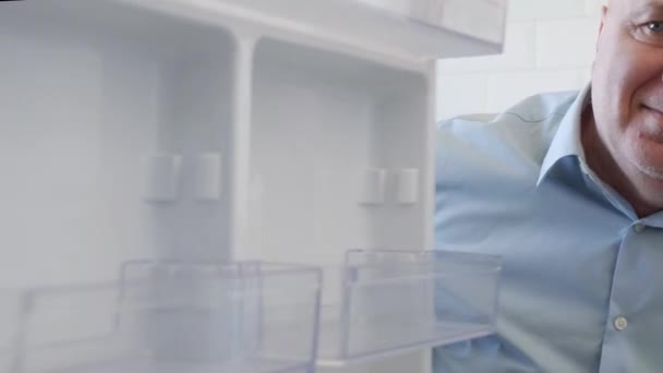 Starved Person Opening Empty Fridge Door Looking Astonished Disappointed Food — Stock Video