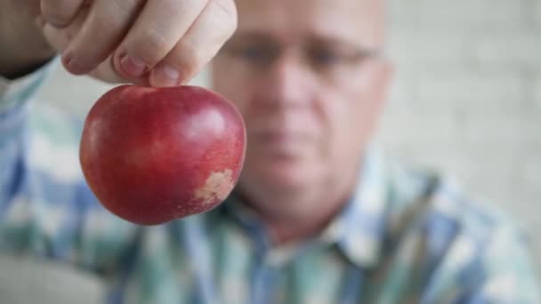Starved Person Looking Greedy Fresh Appetizing Red Apple Breakfast Hungry — Stock Video
