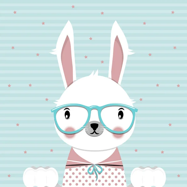 Cute Bunny Glasses Blue Background Flat Vector Illustration — Stock Vector