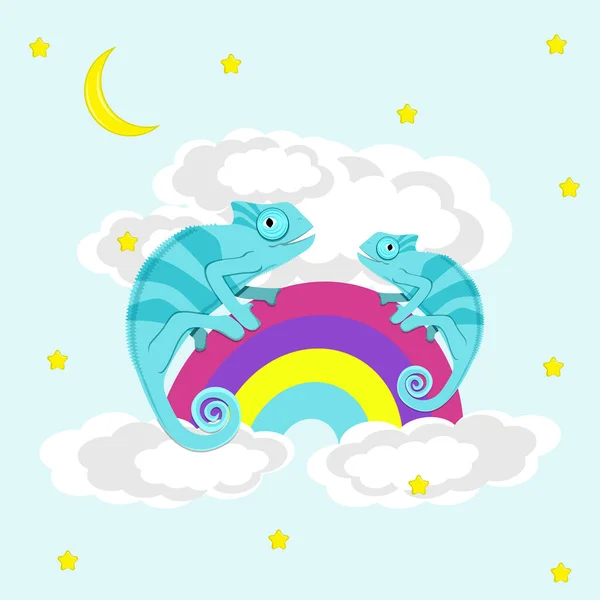 Chameleons Walking Rainbow Flat Vector Illustration — Stock Vector