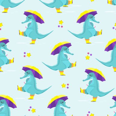 Lastik çizmeli şirin timsah deseni şemsiyeyle su birikintilerinde yürüyor. düz vektör illüstrasyonu.