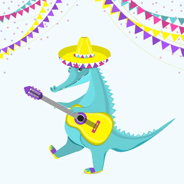 Mignon Crocodile Jouant Guitare Illustration Vectorielle Plate — Image vectorielle