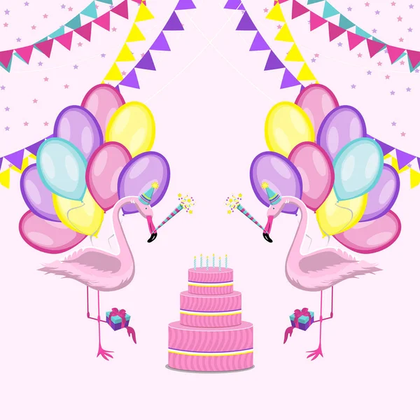 Flamingo Feiert Geburtstag Grußkarte Vektorillustration — Stockvektor