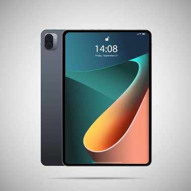 Gerçekçi tablet bilgisayar. Ön ve arka görünümü olan modaya uygun ince çerçeve tasarımında vektör illüstrasyonu. 