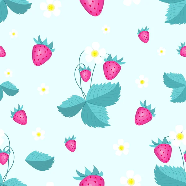 Nahtloses Muster Aus Erdbeeren Und Blättern Flache Vektorabbildung — Stockvektor
