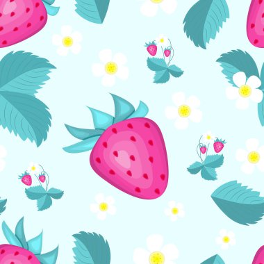 Kusursuz çilek ve yapraklar. düz vektör illüstrasyonu.