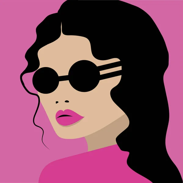 Portrait Young Brunette Girl Sunglasses Flat Vector Illustration — Stock Vector