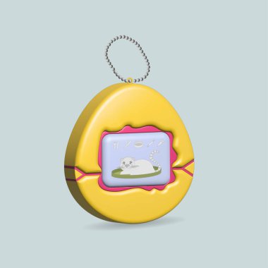 Tamagotchi oyunu, evcil hayvan cep oyunu, 3 boyutlu illüstrasyon.