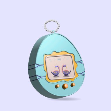 Tamagotchi oyunu, evcil hayvan cep oyunu, 3 boyutlu illüstrasyon.