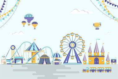 Sirk, atlıkarınca ve slaytlarla dolu bir lunapark. vektör illüstrasyonu.