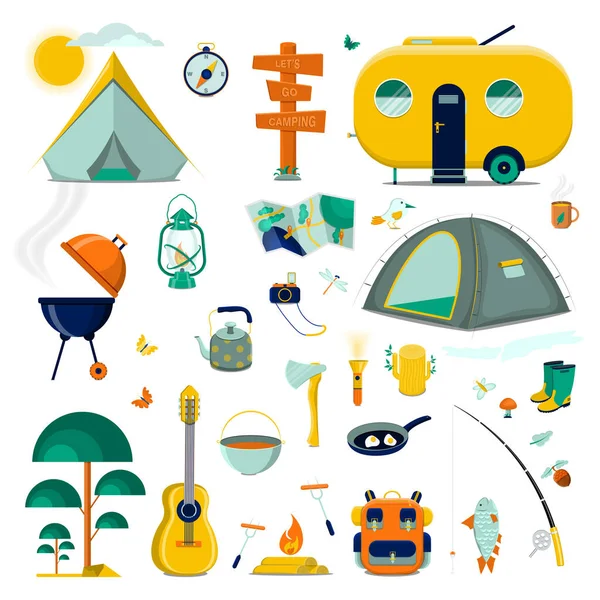 Kamp elementlerinin vektör kümesi. Düz vektör illüstrasyonu.