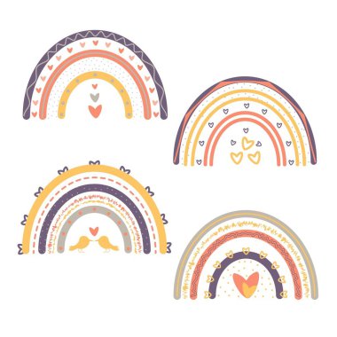 Set of different rainbows with hearts, dots. Cute bright collection on white background.