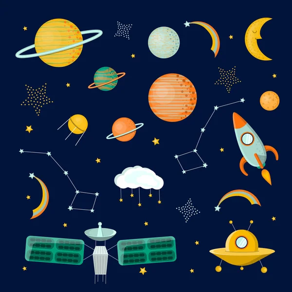 Space Vector Set Space Objects Stars Planets Satellites Flat Vector — Vector de stock