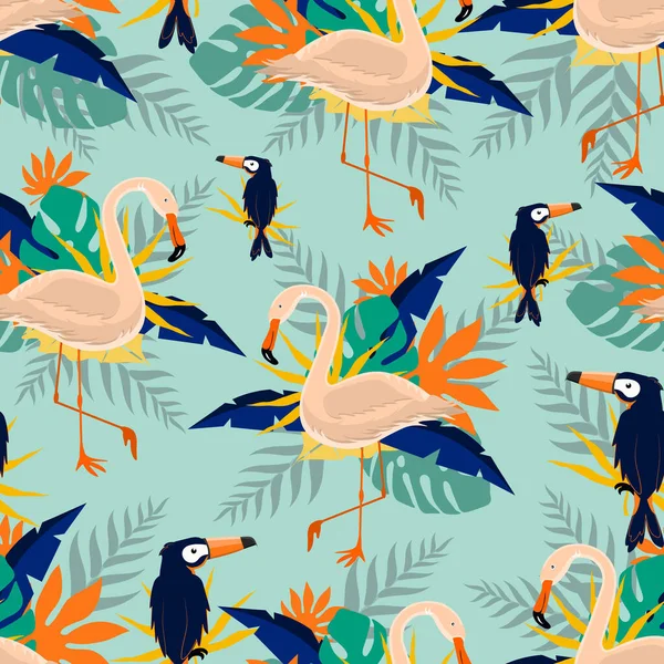 Seamless trendy tropical pattern with pink flamingo and toucan birds, tropic leaves on blue background. Vector illustration.