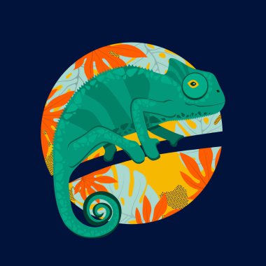 Ağaç dalında yürüyen şirin yeşil bukalemun, vektör çizimi. 