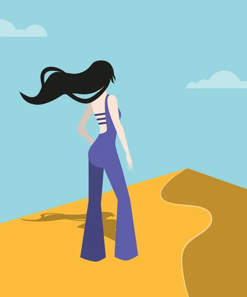 Girl Walks Dunes Sand Vector Illustration — Stock Vector