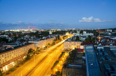 Aerial cityscape of Gdansk (Poland) with  buildings at night.