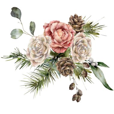 Güllerden, kozalaklardan ve dallardan oluşan suluboya bir Noel buketi. Beyaz arka planda izole edilmiş yılbaşı meyveleri ve yapraklardan oluşan el yapımı tatil kartı. Tasarım, baskı ve arkaplan için Tatil Resimleri.