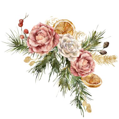 Suluboya Noel buketi pembe ve altın güller, çam dalları ve limon. Beyaz arka planda elle boyanmış tatil kartı. Tasarım, baskı ve arkaplan için Tatil Resimleri.