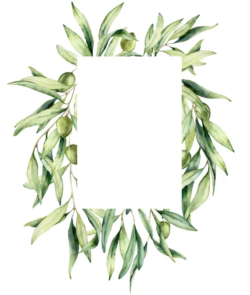 Watercolor frame of green olives and branches. Hand drawn border of leaves and berries isolated on white background. Minimalistic plant illustration for design, print, fabric or background. — Stock Photo, Image