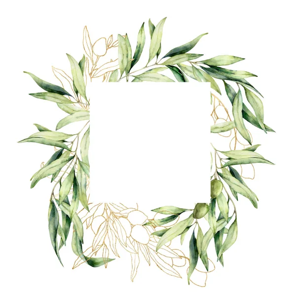 Akvarel lineární rám ze zlata a zelených olivových větví. Ručně kreslené okraje listů a bobulí izolovaných na bílém pozadí. Minimalistické ilustrace rostlin pro design, tisk, tkaninu nebo pozadí. — Stock fotografie