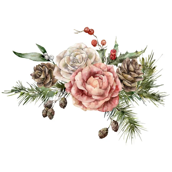 Akvarel Vánoční kytice růží, šišky, olšové bobule a jedlové větve. Ručně malované prázdninové karty izolované na bílém pozadí. Ilustrace rostlin pro design, tisk, pozadí. — Stock fotografie