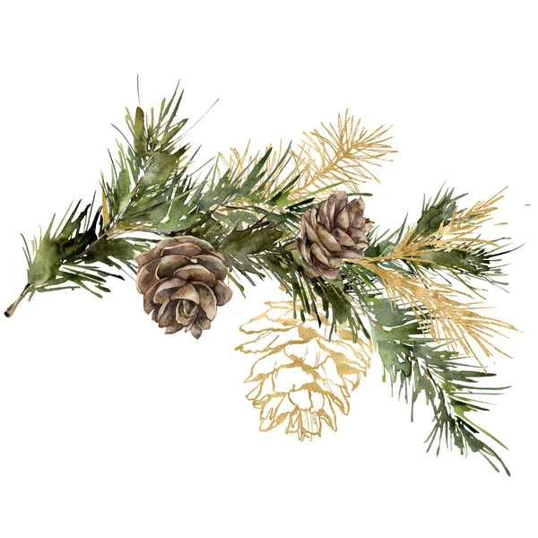 水彩画圣诞花束的云杉树枝和黄金松果。手绘冬季植物，白色背景隔离。用于设计、印刷、面料或背景的花卉假日插图. — 图库照片