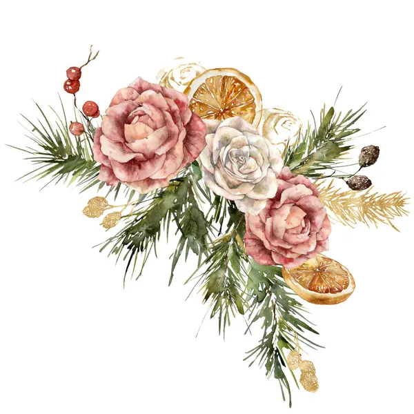 Akvarel Vánoční kytice růžových a zlatých růží, borových větví a citronu. Ručně malované prázdninové karty izolované na bílém pozadí. Holiday Illustration for design, print, background. — Stock fotografie