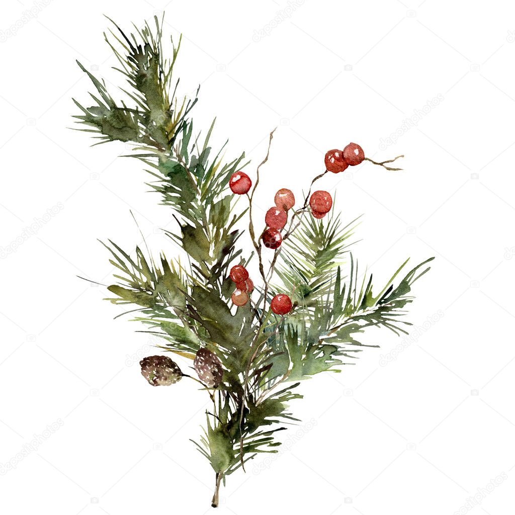 Watercolor Christmas bouquet of pine branches, alder and red berries. Hand painted greenery isolated on white background. Floral holiday illustration for design, print, fabric or background.
