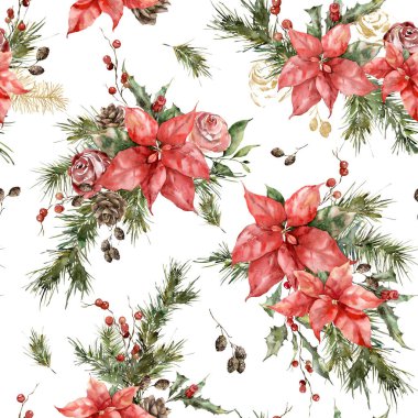 Noellerin suluboya desenleri noktasız, altın gül, kutsal çam kozalakları ve dallar. Beyaz arka planda el boyaması tatil bitkileri. Tasarım, baskı, arkaplan.