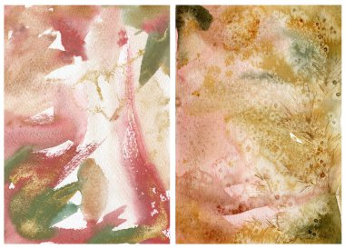 Kırmızı, yeşil ve bej noktaların suluboya Noel soyut dokusu. El boyaması kış günbatımı arka planı. Tasarım, baskı, kumaş veya arkaplan çizimi.