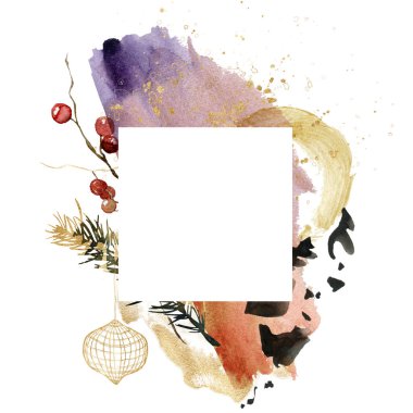 Altın oyuncak, kırmızı böğürtlen ve köknar dalından oluşan suluboya Noel çerçevesi. Beyaz arka planda el yapımı kış bitkileri. Tasarım, baskı veya arkaplan için tatilsel minimalistik illüstrasyon.