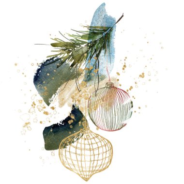 Köknar dalı ve Noel ağacı oyuncaklarının suluboya kompozisyonu. Beyaz arka planda el yapımı kış bitkileri. Tasarım, baskı veya arkaplan için çiçek bayramı illüstrasyonu.