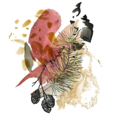 Filiz dalı ve kızılağacının suluboya Noel minimalist kompozisyonu. Beyaz arka planda izole edilmiş elle boyanmış bitki. Tasarım, baskı, kumaş veya arkaplan için çiçek bayramı illüstrasyonu.
