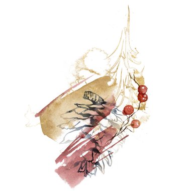 Böğürtlenli ve siyah doğrusal çam kozalaklı suluboya Noel soyut kompozisyonu. Beyaz arka planda elle boyanmış bir kart. Tasarım, baskı veya arkaplan için Tatil Resimleri.