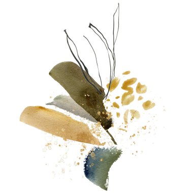 Doğrusal dalın suluboya Noel kompozisyonu, yeşil ve altın benekler. Beyaz arka planda elle boyanmış bir kart. Tasarım, baskı veya arkaplan için Tatil Resimleri.