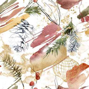 Altın oyuncak, kırmızı dut ve köknar dalından oluşan suluboya Noel süsleri. Beyaz arka planda el yapımı kış bitkileri. Tasarım, baskı veya arkaplan için Tatil Resimleri.