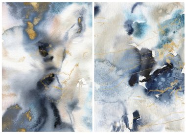 Koyu mavi, beyaz ve altın beneklerin suluboya Noel soyut dokusu. El yapımı kış denizi ya da okyanus arka planı. Tasarım, yazdırma veya arkaplan için Sucul illüstrasyonu.