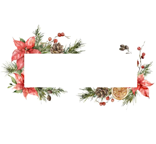 Acquerello Natale cornice orizzontale di poinsettia, rami di abete rosso, coni e limone. Biglietto natalizio dipinto a mano di fiori isolati su sfondo bianco. Illustrazione per progettazione, stampa, sfondo. — Foto Stock