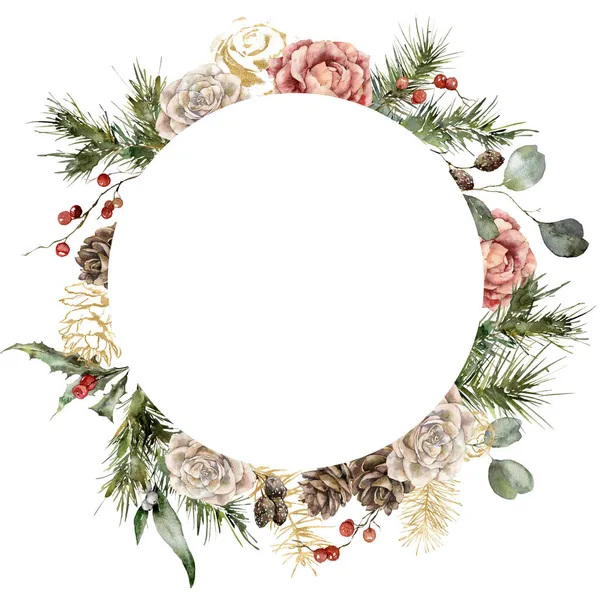 Watercolor Christmas circle frame of roses, gold pine cones, berries and fir branches. Hand painted holiday card isolated on white background. Plant Illustration for design, print, background. — Stock Photo, Image