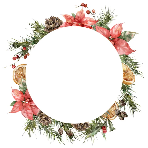 Acquerello cornice cerchio di Natale di poinsettia, rami di abete rosso, coni e limone. Biglietto natalizio dipinto a mano di fiori isolati su sfondo bianco. Illustrazione per progettazione, stampa, sfondo. — Foto Stock