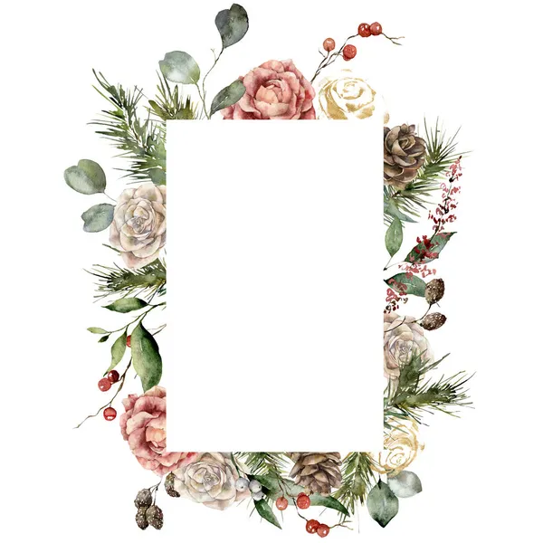 Acuarela Marco vertical de Navidad de rosas, conos de pino dorado, bayas y ramas de abeto. Tarjeta de vacaciones pintada a mano aislada sobre fondo blanco. Ilustración de plantas para diseño, impresión, fondo. —  Fotos de Stock