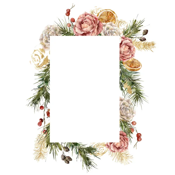 Watercolor Christmas vertical frame of gold roses, lemon slices, berries and fir branches. Hand painted holiday card isolated on white background. Plant Illustration for design, print, background. — Stock Photo, Image