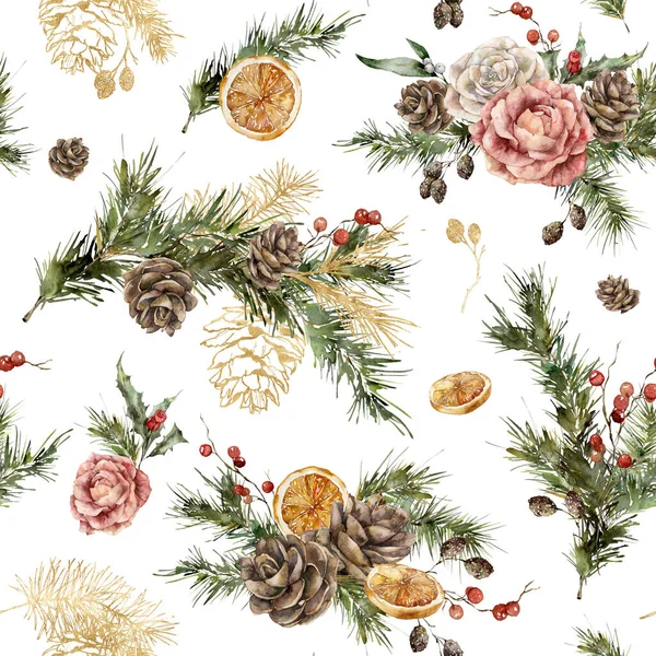 Watercolor Christmas seamless pattern of roses, gold pine cones and fir branches. Hand painted holiday flowers and plants isolated on white background. Illustration for design, print, background.