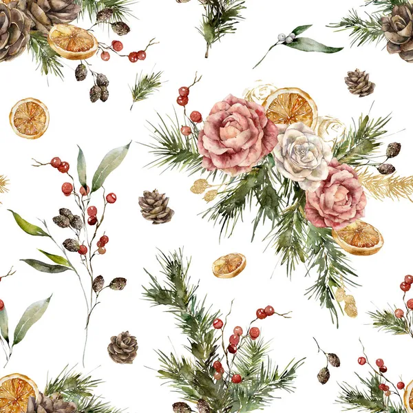水彩金のバラ、松のコーンとモミの枝のクリスマスシームレスなパターン。白い背景に隔離された手描きの休日の花や植物。デザイン、印刷、背景のためのイラスト. — ストック写真
