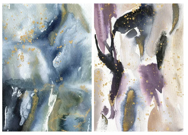 Acquerello Natale texture astratta di macchie blu, oro e viola. Dipinti a mano inverno mare o oceano sfondo. Illustrazione acquatica per design, stampa o sfondo. — Foto Stock
