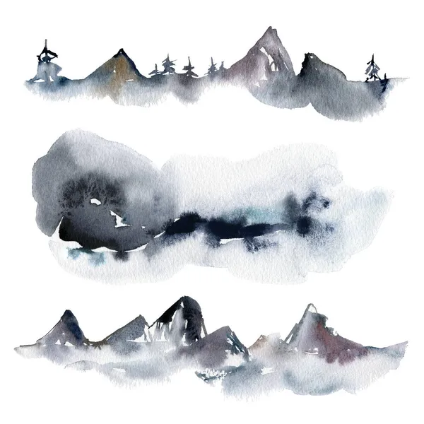 Aquarel Kerstmis minimalistische landschappen van bergen, sneeuw en bomen. Handgeschilderde abstracte dennenbomen illustraties geïsoleerd op witte achtergrond. Voor ontwerp, bedrukking, stof of ondergrond. — Stockfoto